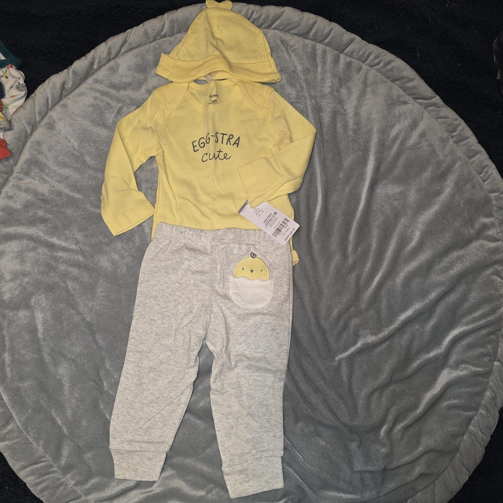 Yellow 'Eggstra Cute' Long sleeve and Gray Bottoms Set for Kids With Hat